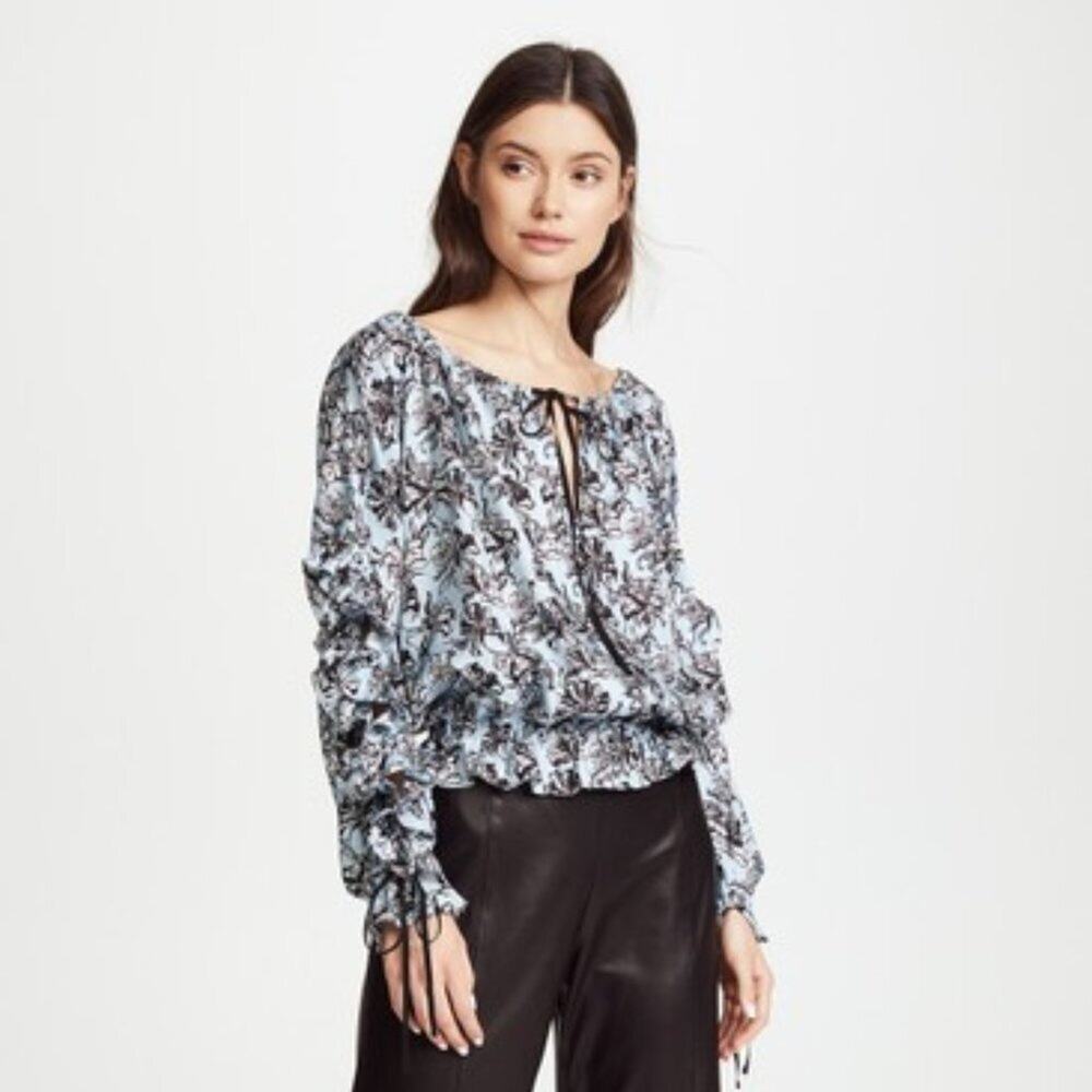 Robert Rodriguez Blue Floral Silk Ruffle Blouse